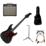 Zestaw do nauki gry: czarna gitara elektryczna, wzmacniacz NUX, futerał, statyw i kabel. Sprawdź, ile kosztuje gitara elektryczna w takim komplecie.