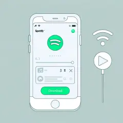 Ilustracja telefonu z aplikacją Spotify i ikoną pobierania, obok symbol Wi-Fi i odtwarzania.