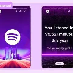 Dwa ekrany telefonu z widokiem na statystyki słuchania Spotify: "Minutes Listened" i podsumowanie roku.
