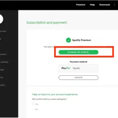 Ekran Spotify z zaznaczonym przyciskiem "Zmień lub anuluj" subskrypcję Premium.