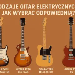 Cztery gitary elektryczne: Stratocaster, Les Paul, Telecaster i SG, na brązowym tle.