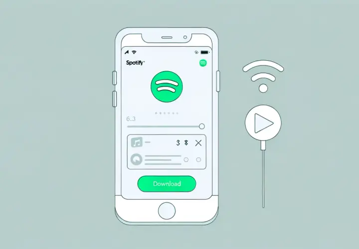 Ilustracja telefonu z aplikacją Spotify i ikoną pobierania, obok symbol Wi-Fi i odtwarzania.