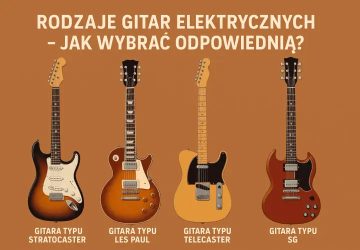 Cztery gitary elektryczne: Stratocaster, Les Paul, Telecaster i SG, na brązowym tle.