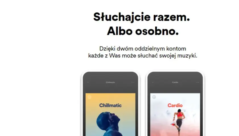 Dwa telefony z aplikacją Spotify, jeden z okładką "Chillmatic", drugi z "Cardio".
