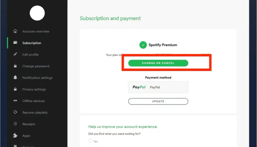 Ekran Spotify z zaznaczonym przyciskiem "Zmień lub anuluj" subskrypcję Premium.