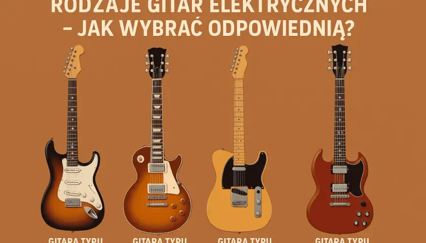 Cztery gitary elektryczne: Stratocaster, Les Paul, Telecaster i SG, na brązowym tle.
