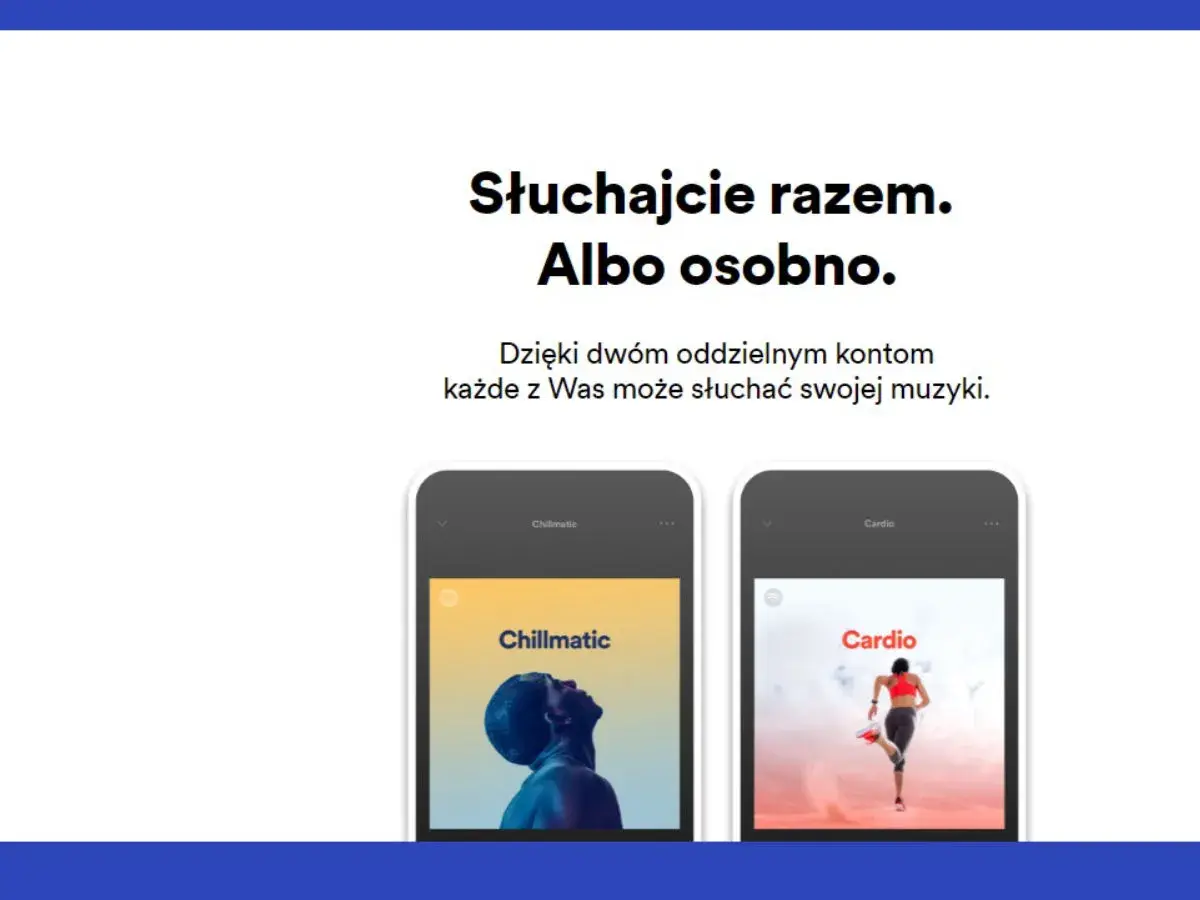 Dwa telefony z aplikacją Spotify, jeden z okładką "Chillmatic", drugi z "Cardio".
