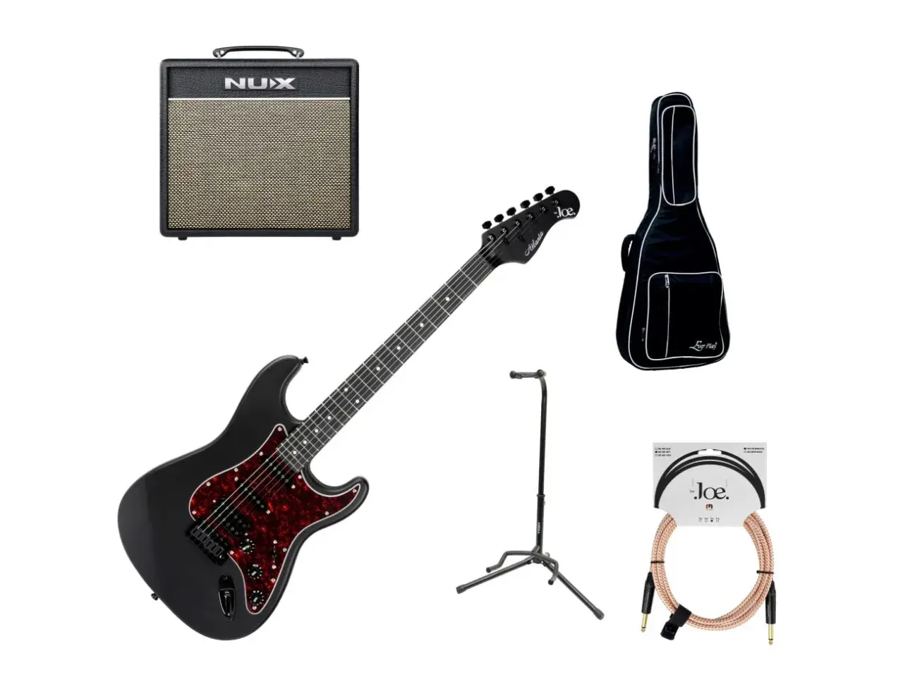 Zestaw do nauki gry: czarna gitara elektryczna, wzmacniacz NUX, futerał, statyw i kabel. Sprawdź, ile kosztuje gitara elektryczna w takim komplecie.