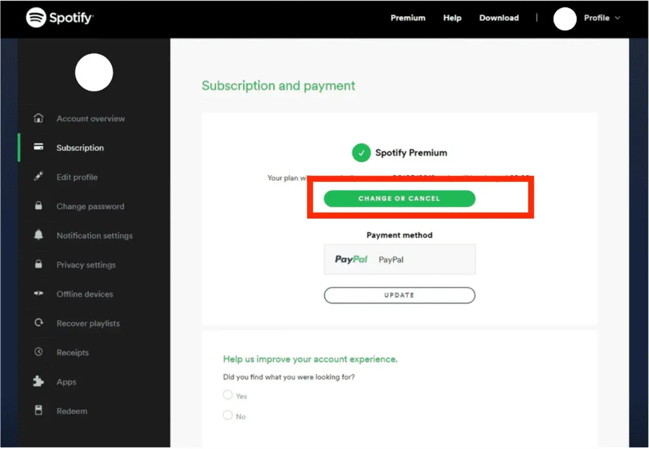 Ekran Spotify z zaznaczonym przyciskiem "Zmień lub anuluj" subskrypcję Premium.