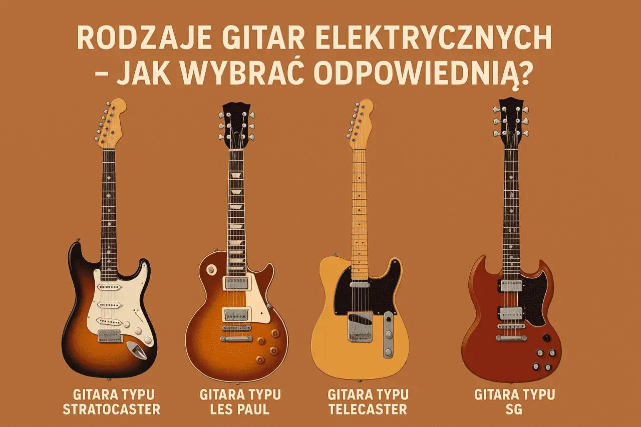 Cztery gitary elektryczne: Stratocaster, Les Paul, Telecaster i SG, na brązowym tle.